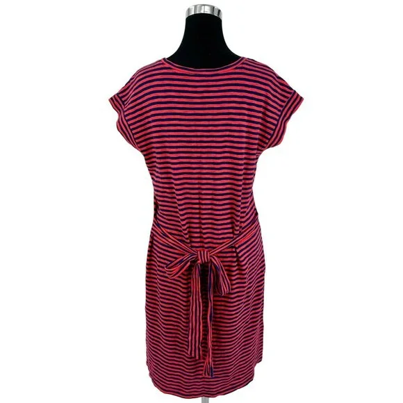 J. Crew Striped Casual Blue Red Cotton Tie Waist Nautical Preppy Shirt Dress LG - Picture 11 of 15